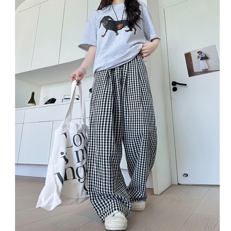 黑白格子裤女夏季新款高腰直筒遛弯山本裤慵懒显瘦拖地复古阔腿裤