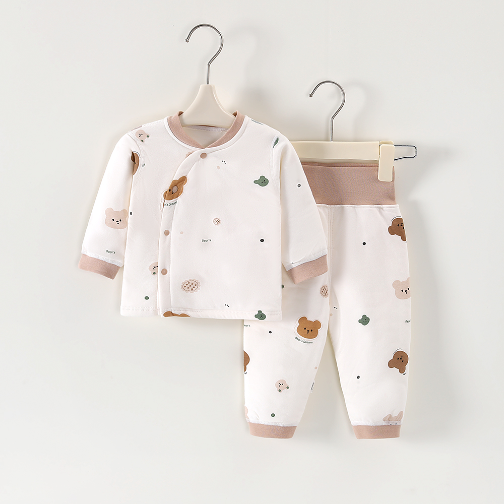 宝宝夹棉保暖套装秋冬季婴儿衣服儿童纯棉分体套装家居服高腰套装