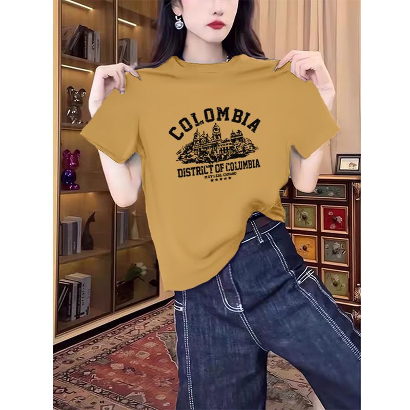 2025新款纯棉圆领短袖t恤女时尚百搭减龄显瘦黄色上衣打底衫夏季