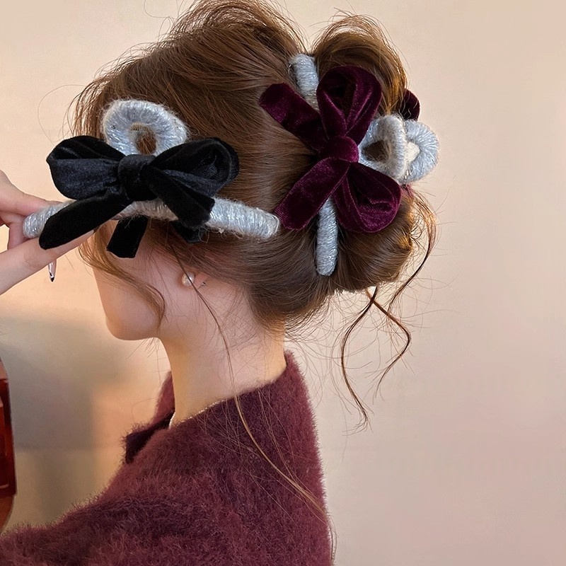 复古丝绒蝴蝶结抓夹女2025新款盘发鲨鱼夹高级感秋发夹后脑勺发饰