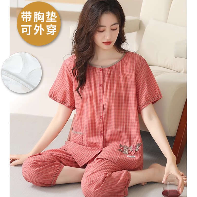 睡衣女款带胸垫春夏短袖七分裤夏季薄款休闲套装可外穿家居服甜美