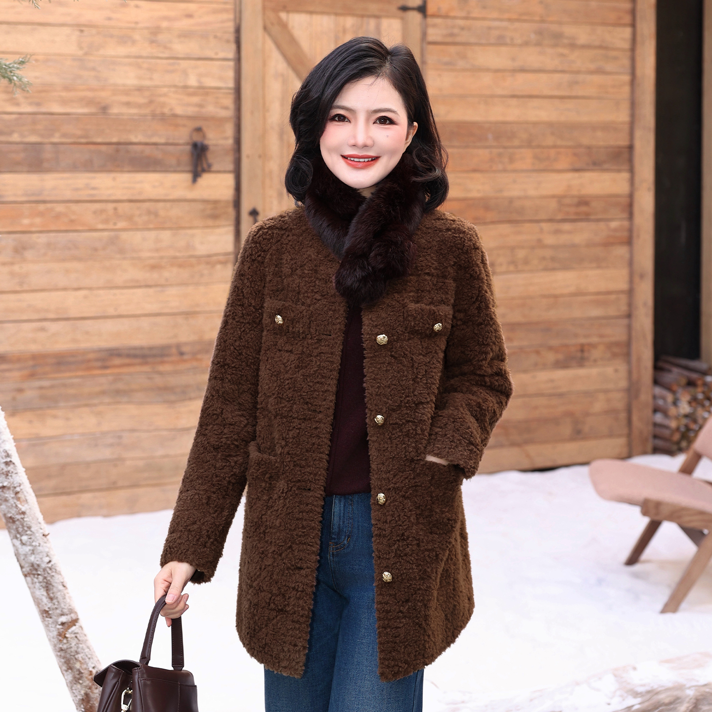 枫竺阿楠anan小香风圆领羊毛颗粒外套女秋冬保暖中长款羊羔毛大衣