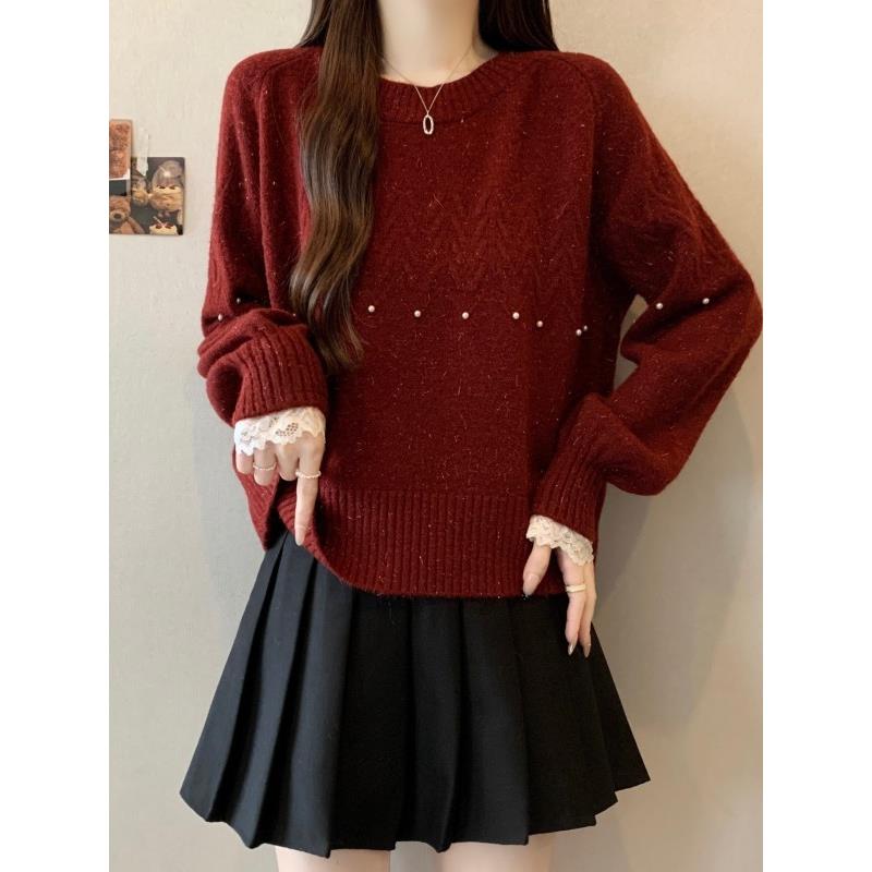酒红色钉珠正肩毛衣女2025秋冬新款大码胖mm亮闪闪洋气针织衫上衣
