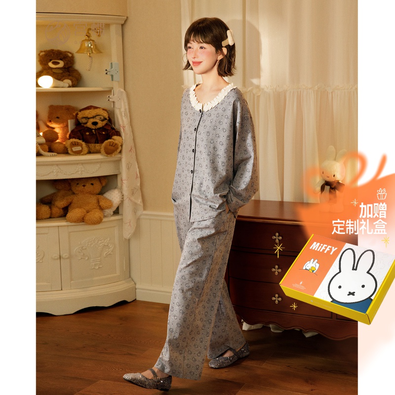 宫蝶【礼盒装】米菲睡衣女长袖纯棉家居服可爱满印花边开衫家居服