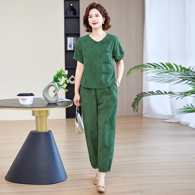 妈妈装中年洋气中老年夏季棉绸套装短袖T恤九分裤阔太太时髦女装