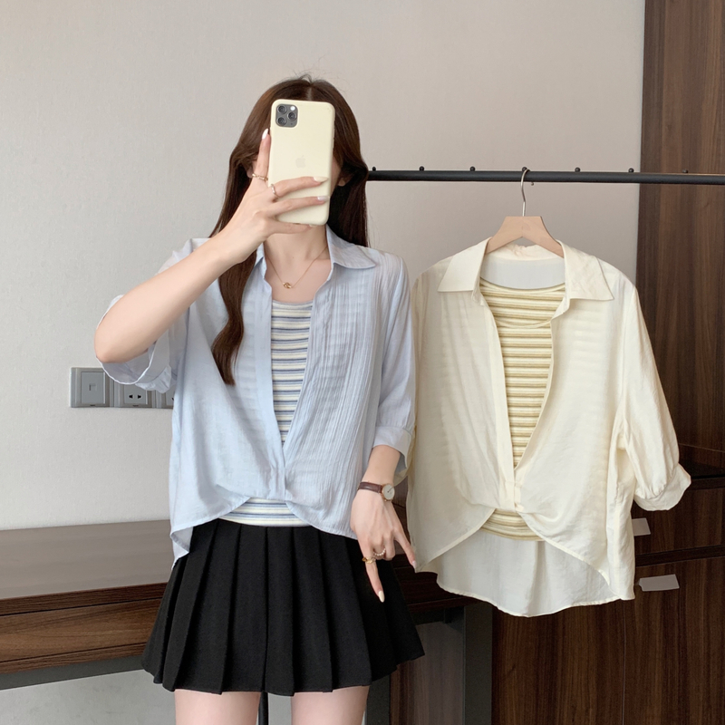 2025夏季新款胖mm大码设计感扭结假两件背心衬衫休闲通勤上衣