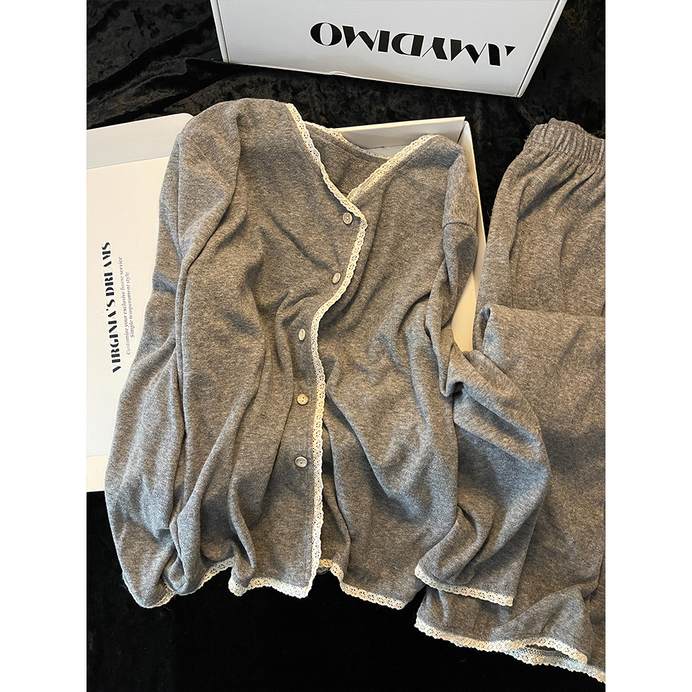 韩版纯色简约花边拼接开衫睡衣女2025秋冬亲肤休闲长袖家居服套装