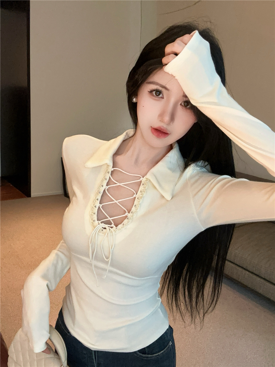 纯欲性感系带polo领工艺花边长袖T恤修身显瘦内搭上衣女配休闲裤