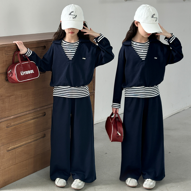 女童套装秋装2025新款休闲运动拼接卫衣女大童装阔腿裤两件套秋季