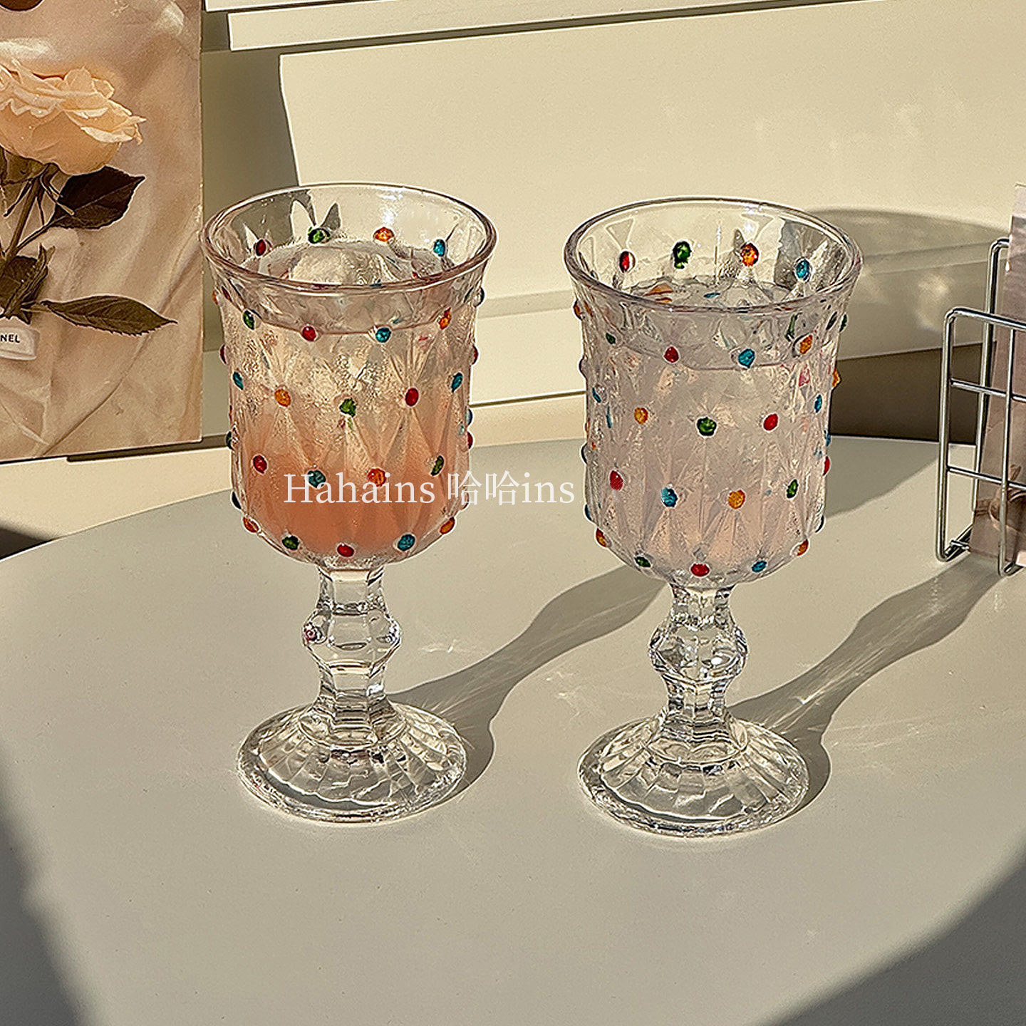 欧式复古波点高脚玻璃红酒杯彩绘葡萄酒杯高颜值中古白兰地香槟杯