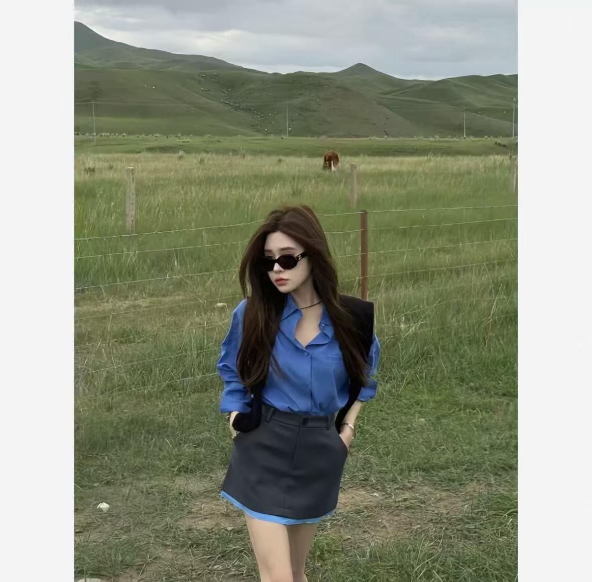 2025早秋新款时尚洋气韩系百搭通勤衬衣披肩高腰西装半裙三件套