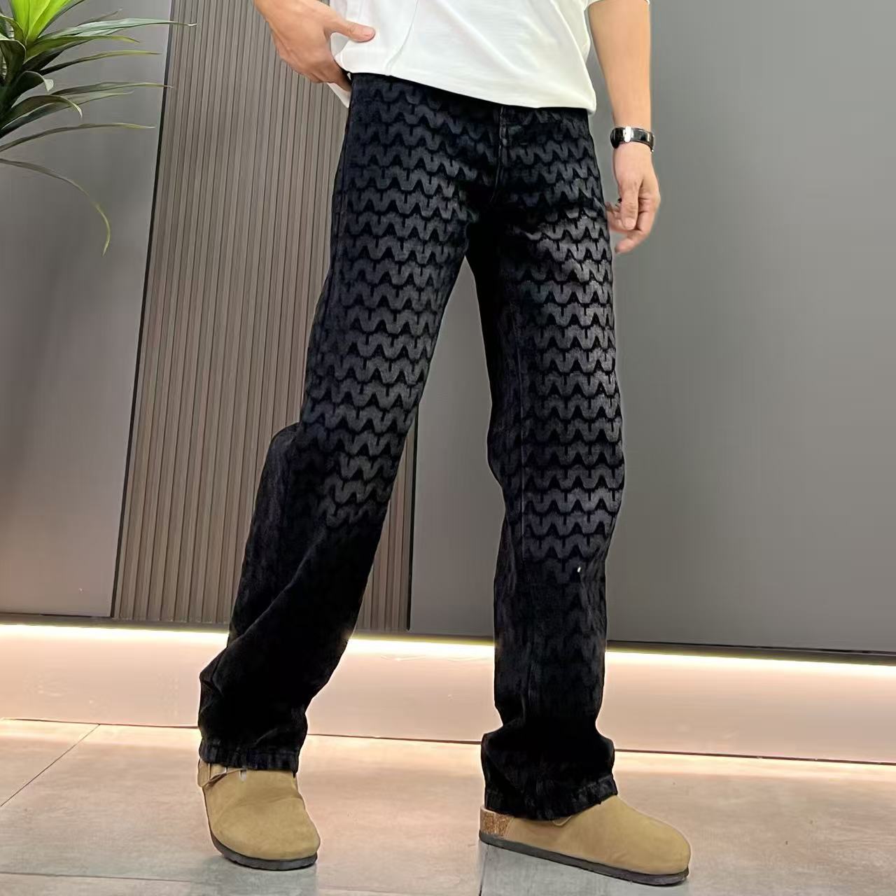 秋冬重磅纹路高级感个性时尚潮流微宽松男士直筒牛仔裤男装裤子