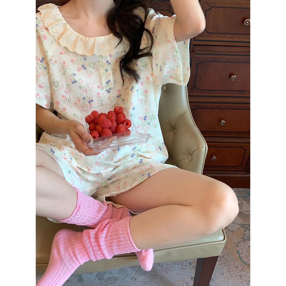 甜美肌理碎花短袖睡衣女娃娃领可外穿家居服套装