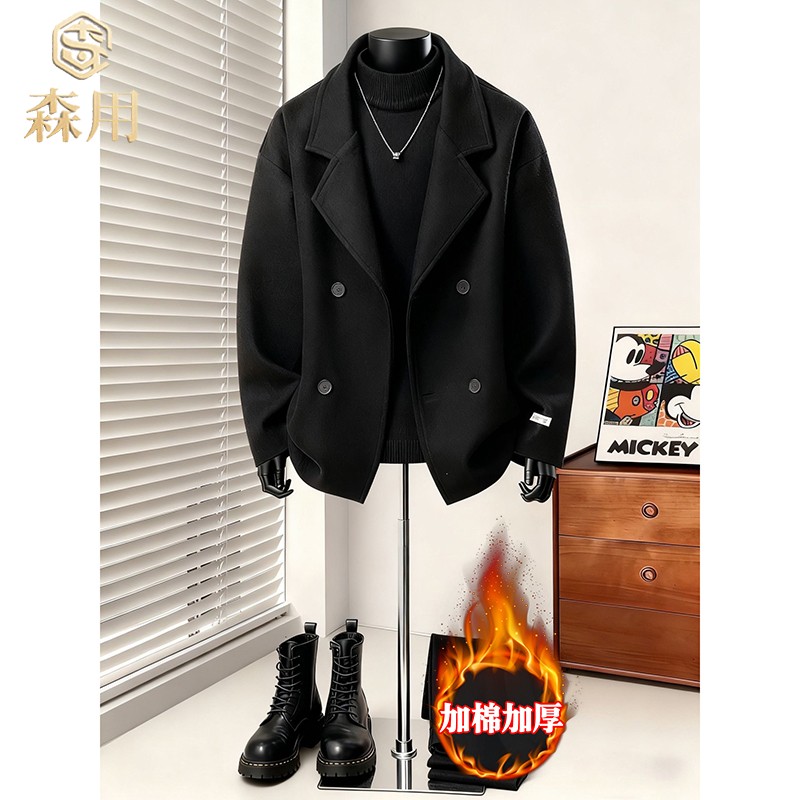 日系高级感加棉毛呢外套男款秋冬短款加厚羊毛大衣拍照必备衣服