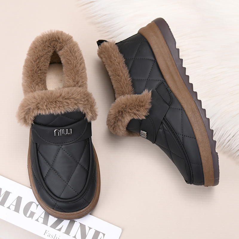 潮流冬季新款加绒加厚一脚蹬棉靴皮面防水防滑雪地靴老北京棉鞋女