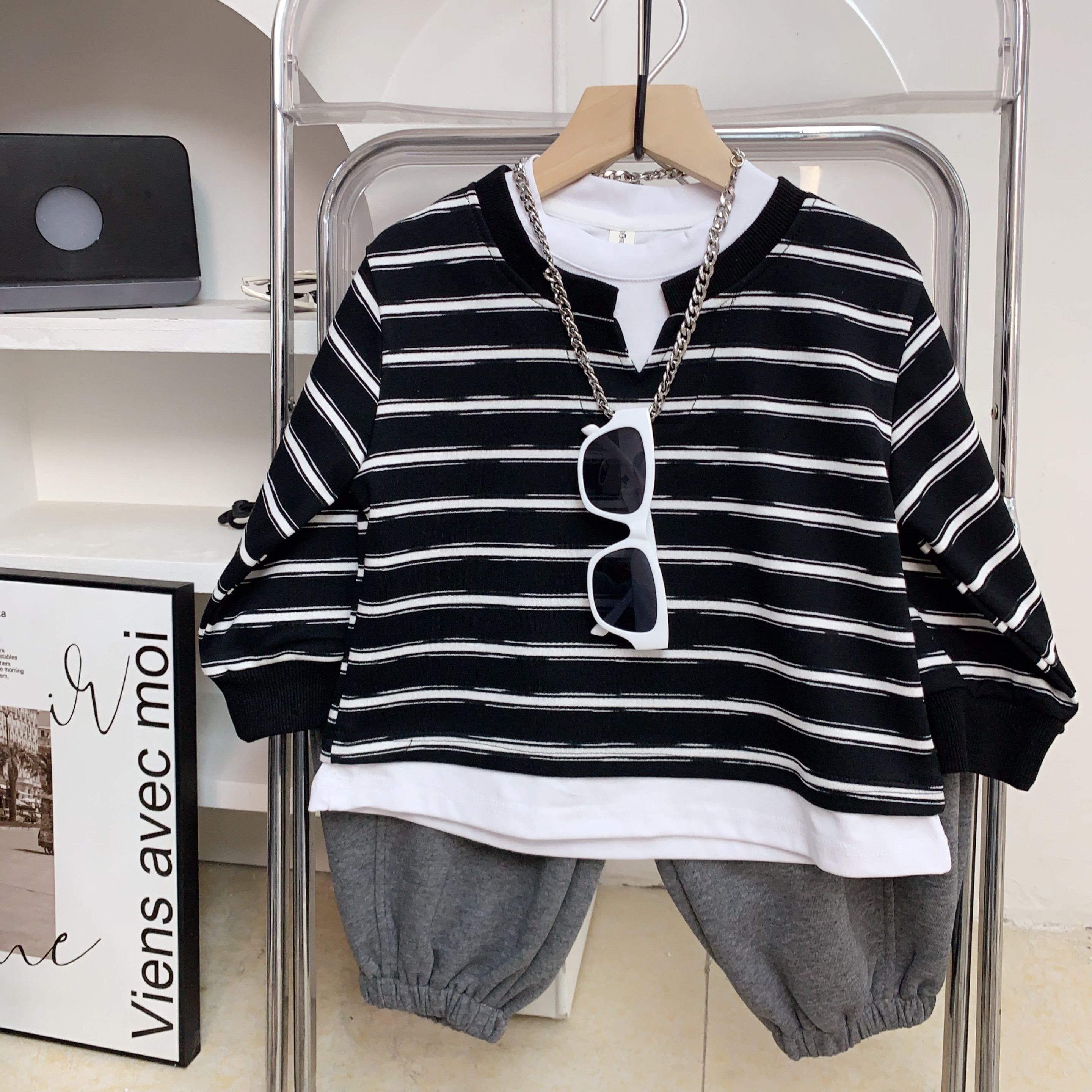 儿童韩版休闲套装男童春秋款韩系帅气条纹卫衣卫裤两件套潮童时尚