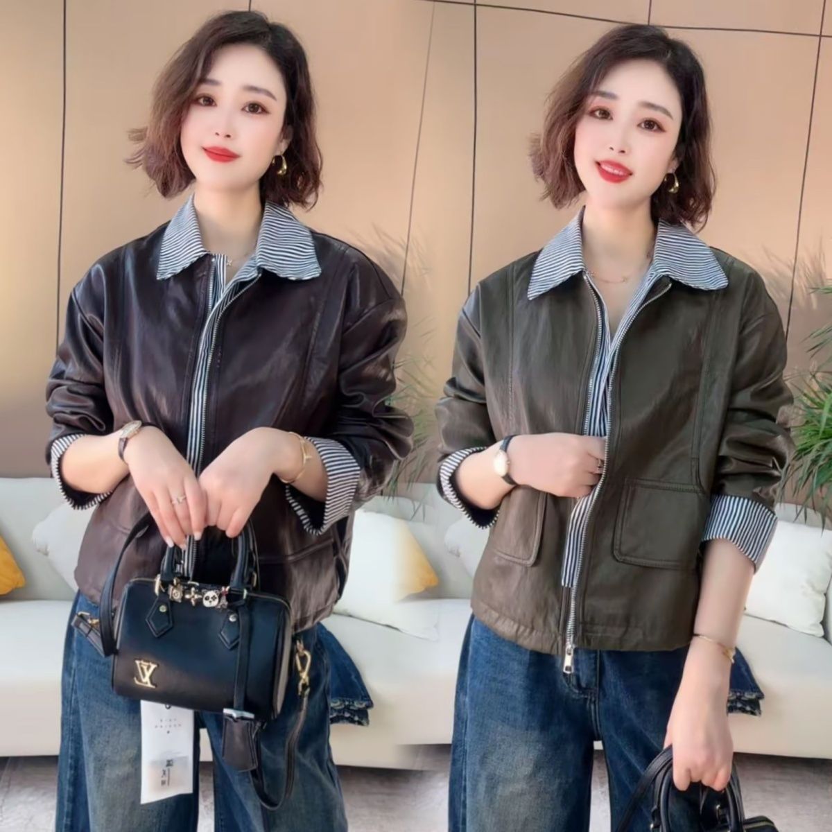 假两件条纹拼接短款皮衣外套女2025新款高级感休闲酷飒风夹克上衣