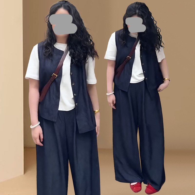 大码胖mm韩系时尚三件套装女夏季简约百搭马甲内搭T恤上衣阔腿裤