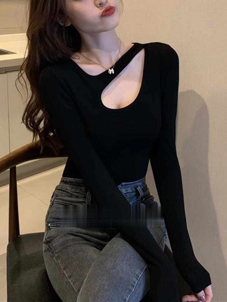 2025款春秋冬季设计感时尚长袖打底衫t恤短款内搭黑色小衫上衣女