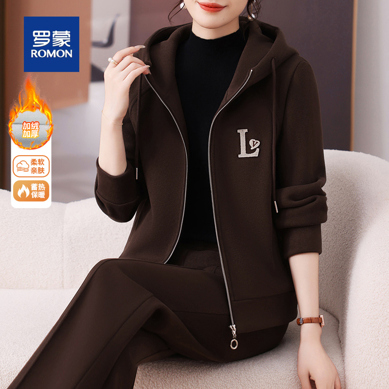 罗蒙妈妈冬装外套2025新款加绒加厚卫衣中年运动服套装女两件套