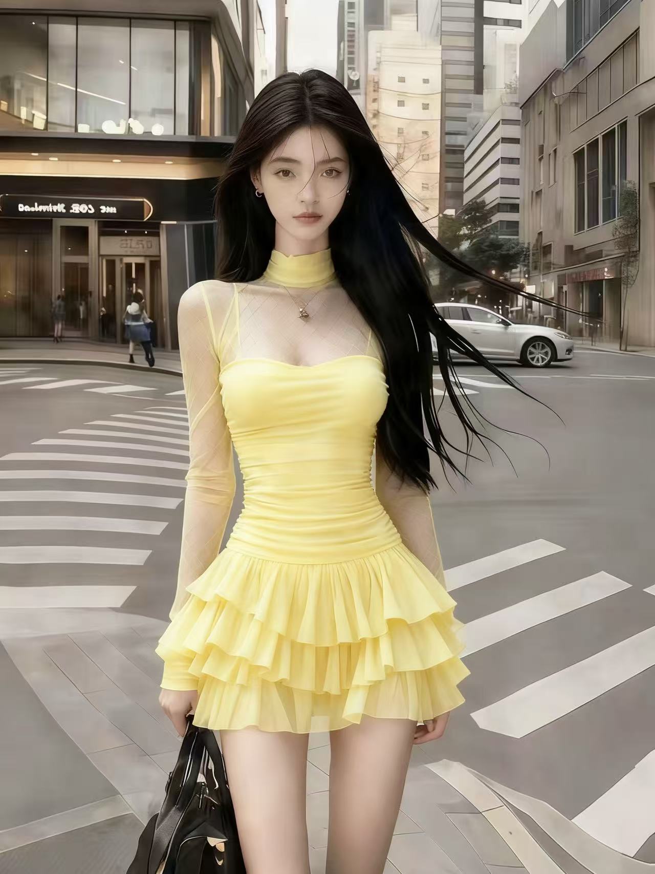 轻奢气质名媛纯欲风黄色半高领网纱拼接微透氛围感气质辣妹连衣裙