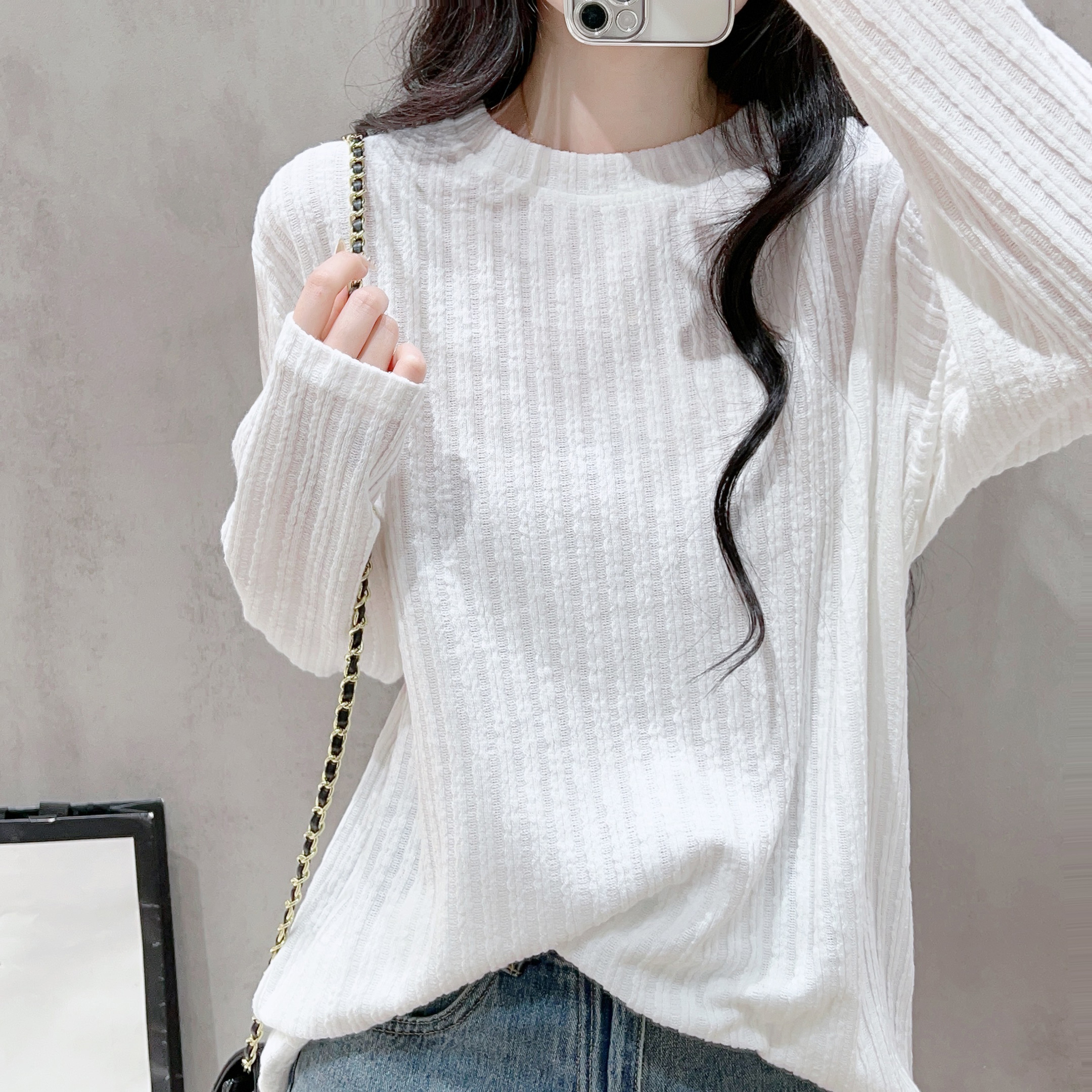 肌理感圆领长袖针织女秋季洋气温柔显瘦时髦内搭打底毛衣上衣1262