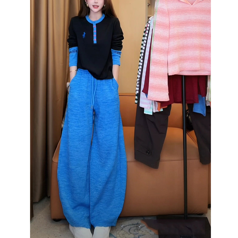 2025秋季新款韩系穿搭时尚套装女拼色长袖T恤搭高腰休闲裤两件套