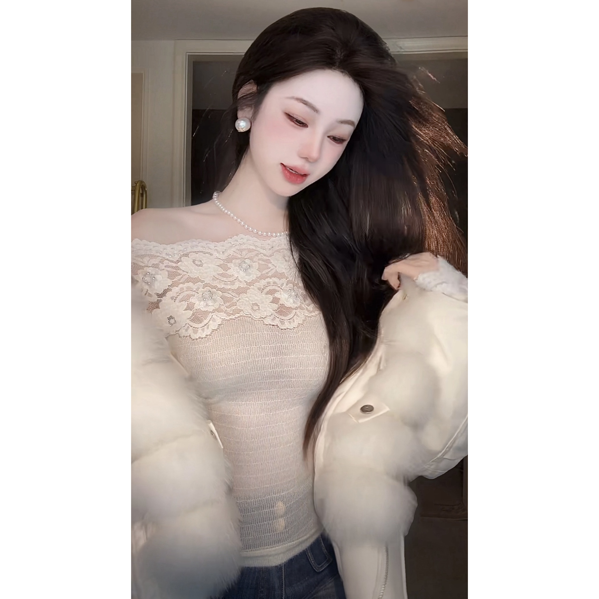 【雅乔定制】浪漫定制 蕾丝钉珠毛织打底上衣女长袖DYYY-250851109