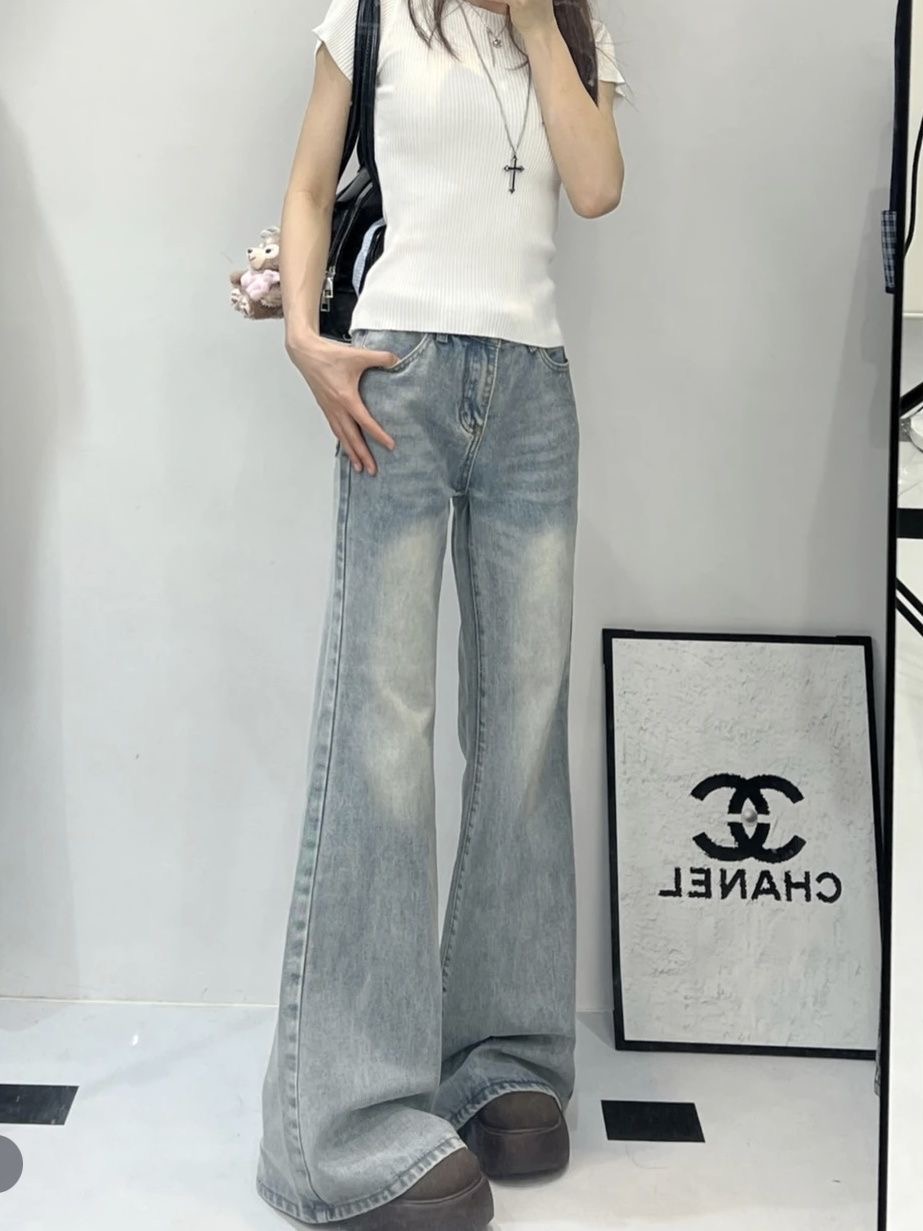 浅蓝色不贴腿微喇牛仔裤女2025夏季新款高腰宽松显瘦喇叭拖地裤子