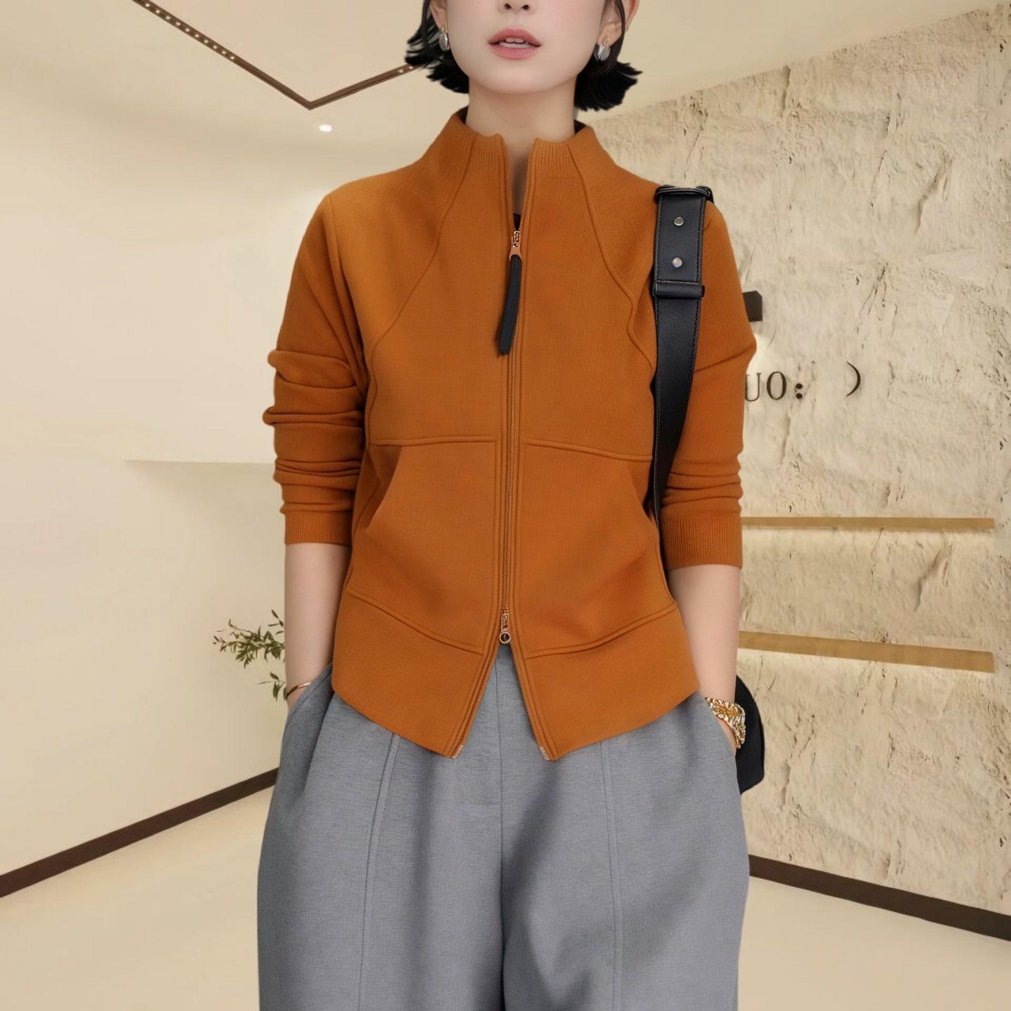 【双面绒】秋季双拉链立领弧形外套2025长袖双腰线百搭纯色短外套女