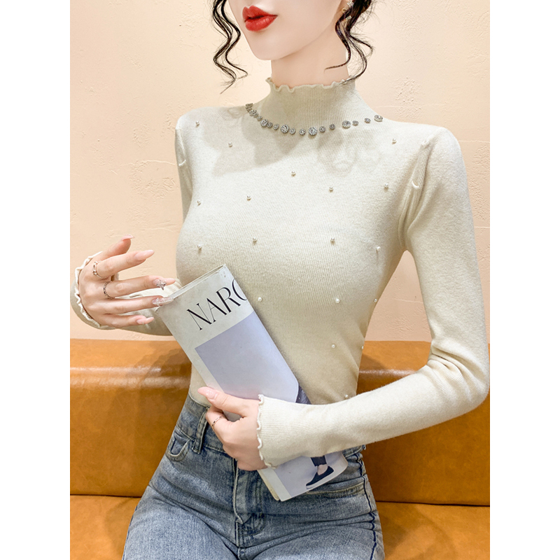 时尚洋气绝美重工镶钻挂脖针织衫女高级感显瘦打底衫百搭T恤I2-74