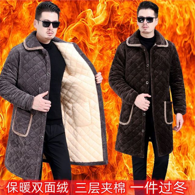 冬季加绒加厚男士罩衣工作服保暖耐脏棉服外套宽松大码长款大褂男