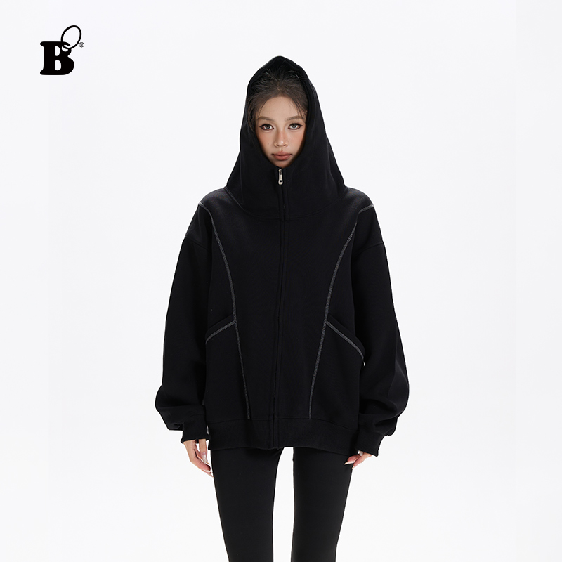 Bo美式高领连帽衣服开衫卫衣女秋季新款拉链卫衣外套大码#C5044