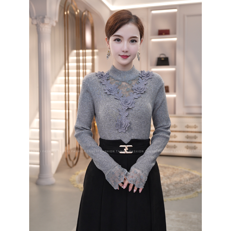 2026秋冬新款【8471】含绵羊毛外穿镂空立体花朵精致灰色针织衫毛