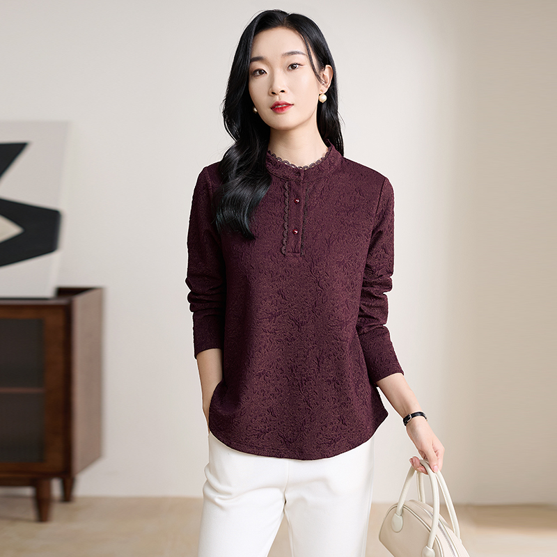 A23126阿吉多复古提花立领t恤女早春新款气质小衫法式高级感上衣