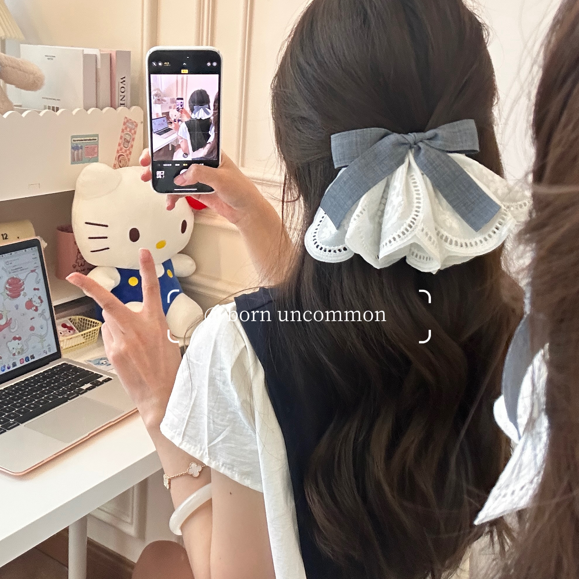 韩系文艺格子蝴蝶结蕾丝裙摆发夹女高级感温柔夹子头饰后脑勺发卡