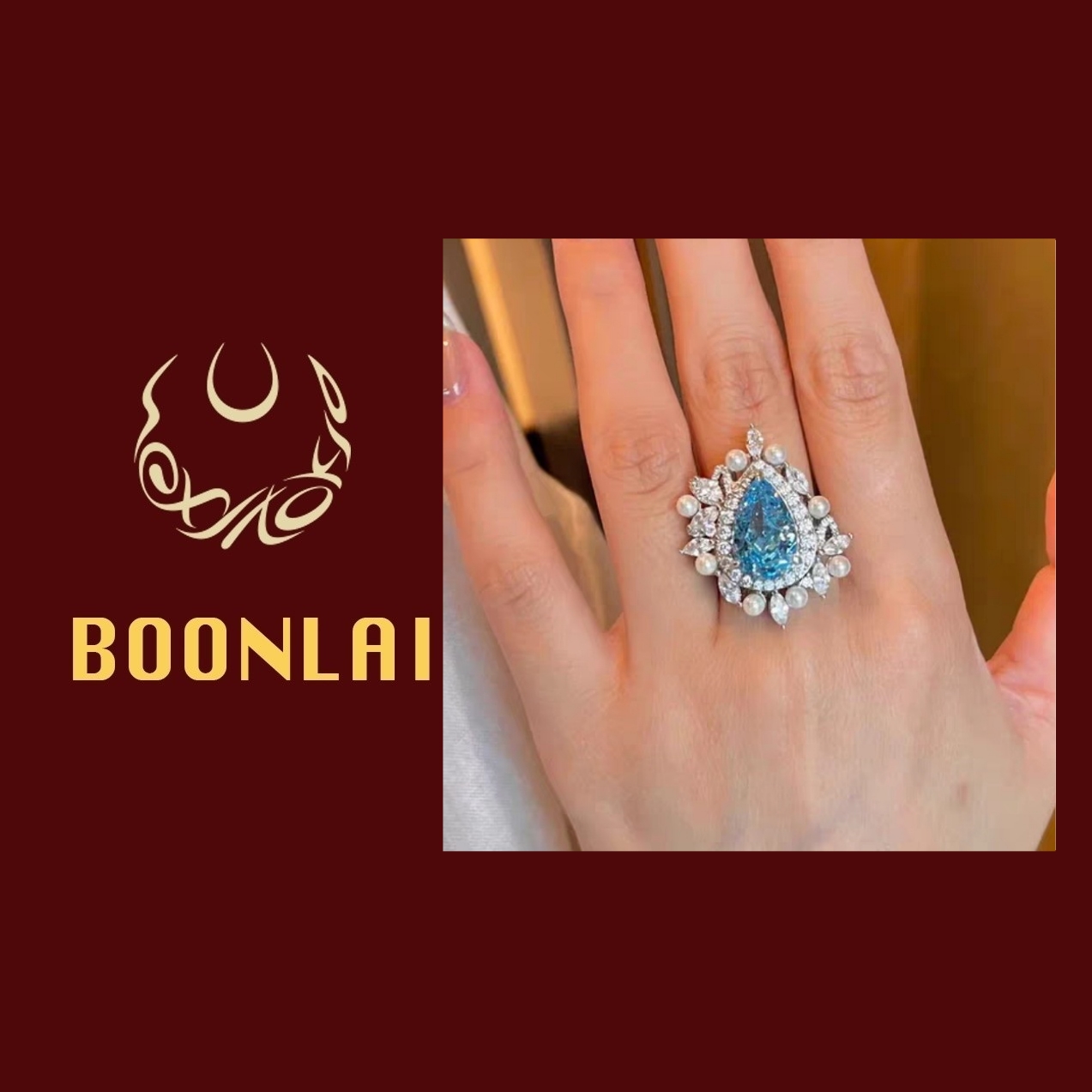 铜合金锆石戒指 【满七免一】Boonlai 蓝色水滴形镶钻珠珠戒指1341