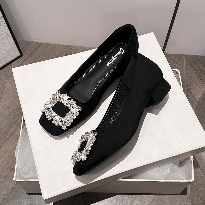 新款方头水钻工作鞋秋冬新款舒适软底轻奢女鞋气质百搭方扣单鞋