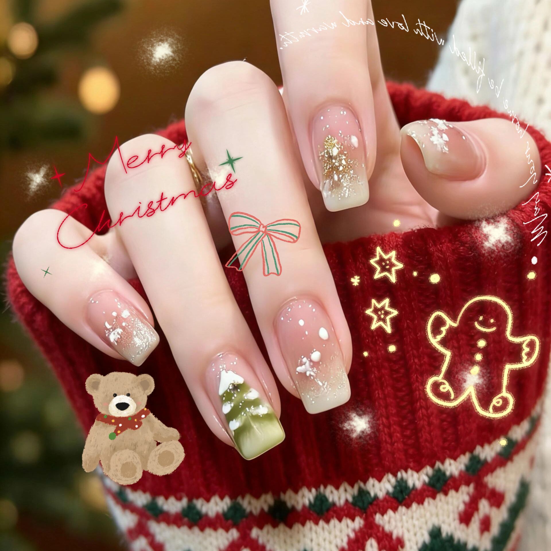 【橄榄绿圣诞树】冬日氛围圣诞节短款穿戴甲高级感高质量美甲穿戴甲
