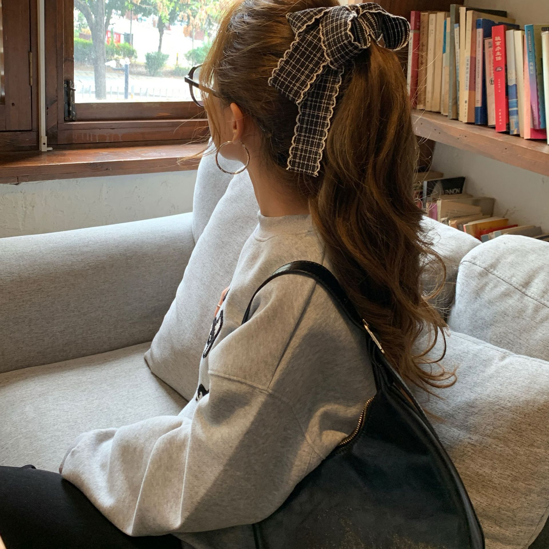 韩系黑白格蝴蝶结发夹女2025新款高端后脑勺盘发香蕉夹子发卡头饰