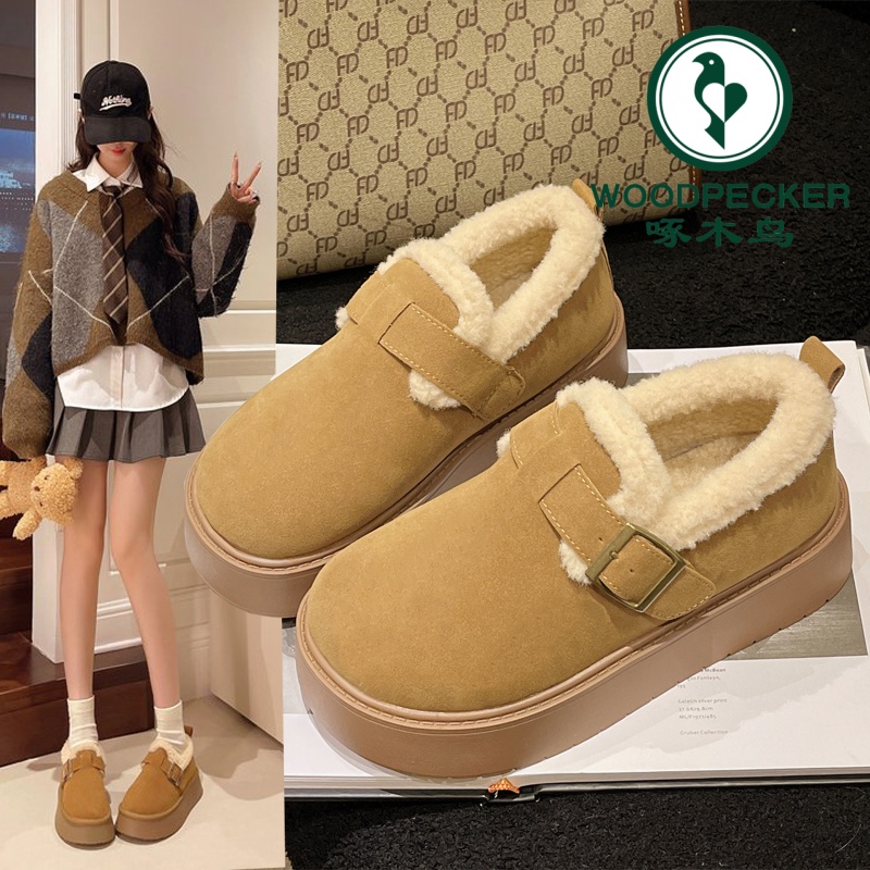 啄木鸟勃肯鞋女加绒2025新款厚底增高乐福鞋保暖面包鞋雪地靴棉鞋