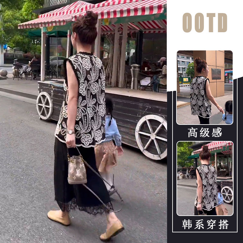 2025夏季新款韩系宽松无袖上衣气质减龄半身裙复古镂空花纹两件套