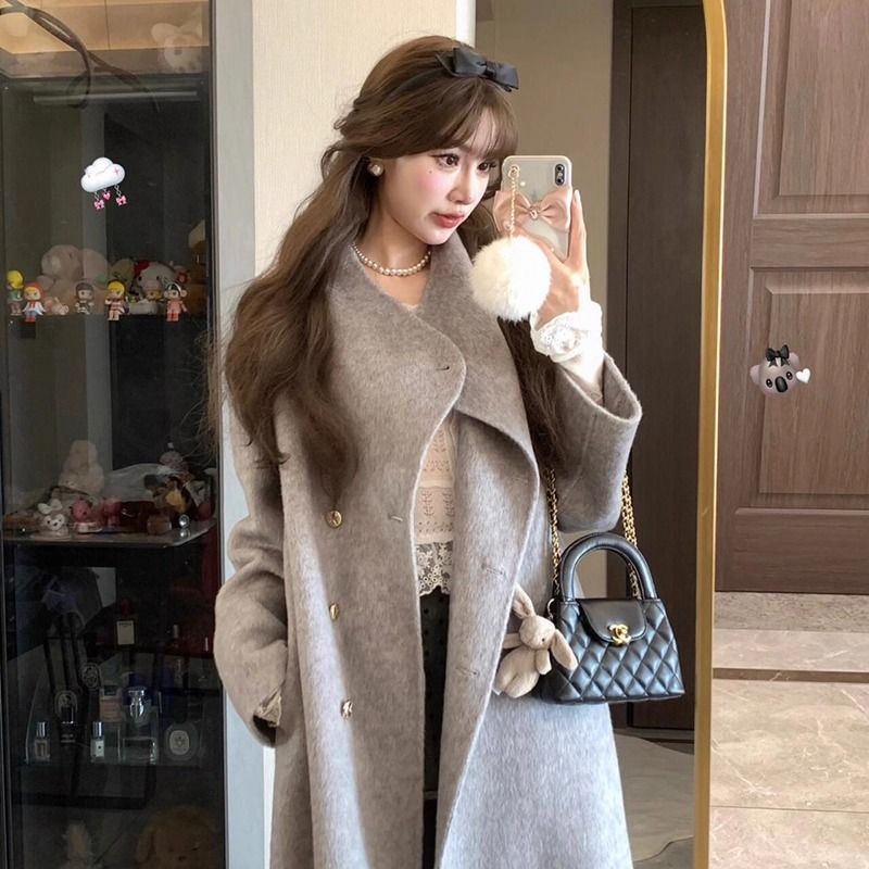 灰色双面绒呢大衣女中长款2025冬季高级感双排扣毛呢外套