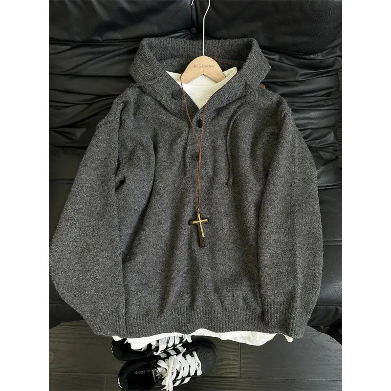 半开衫连帽毛衣男款秋冬季美式复古慵懒风套头织衫高级感卫衣外套