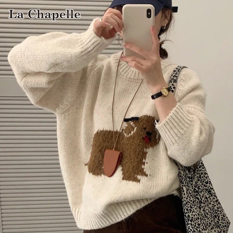 拉夏贝尔韩系卡通小狗圆领套头毛衣女秋冬季慵懒风软糯针织衫上衣