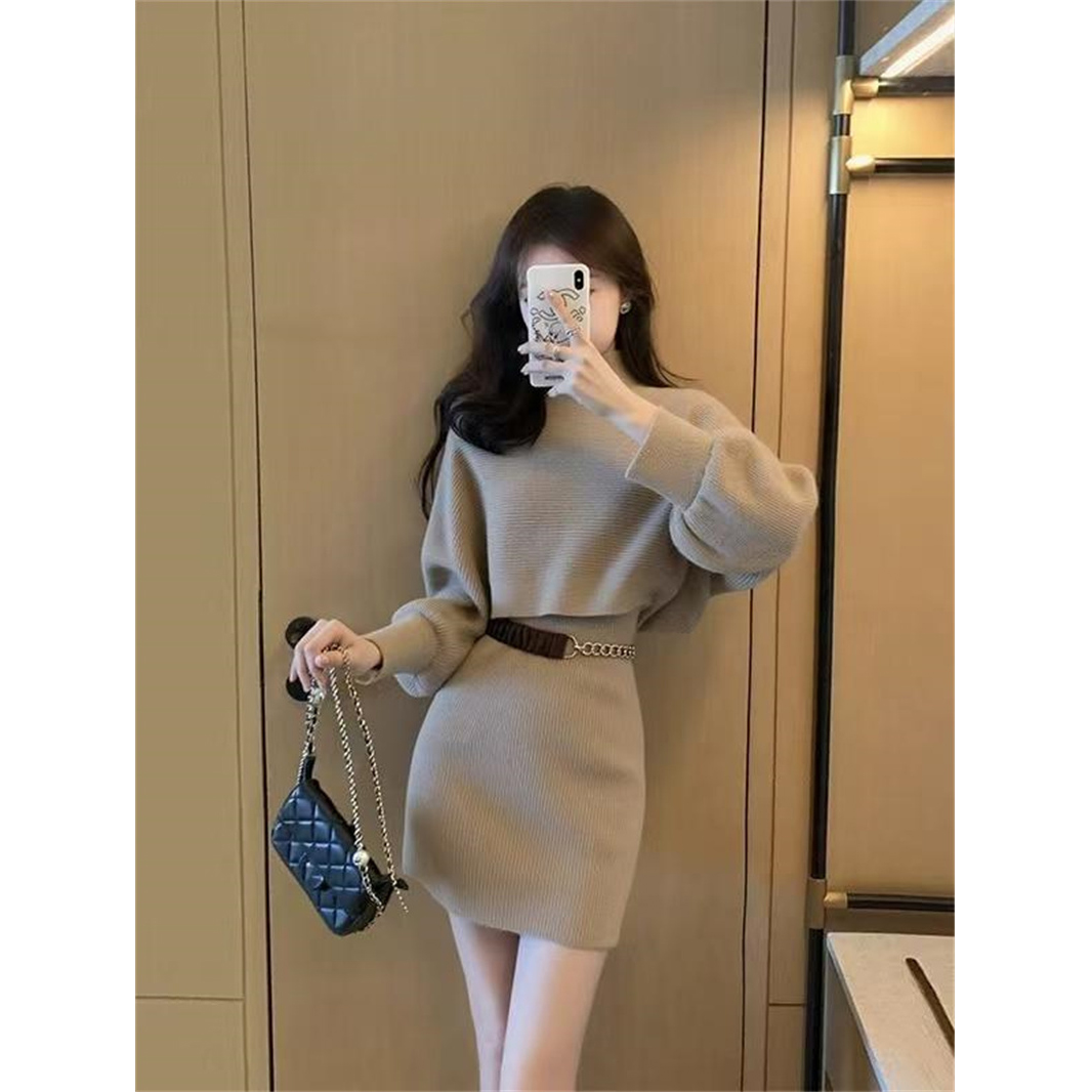 INS CEC法式卡其色连衣裙毛衣套装早秋淡人高知上衣短裙两件套装
