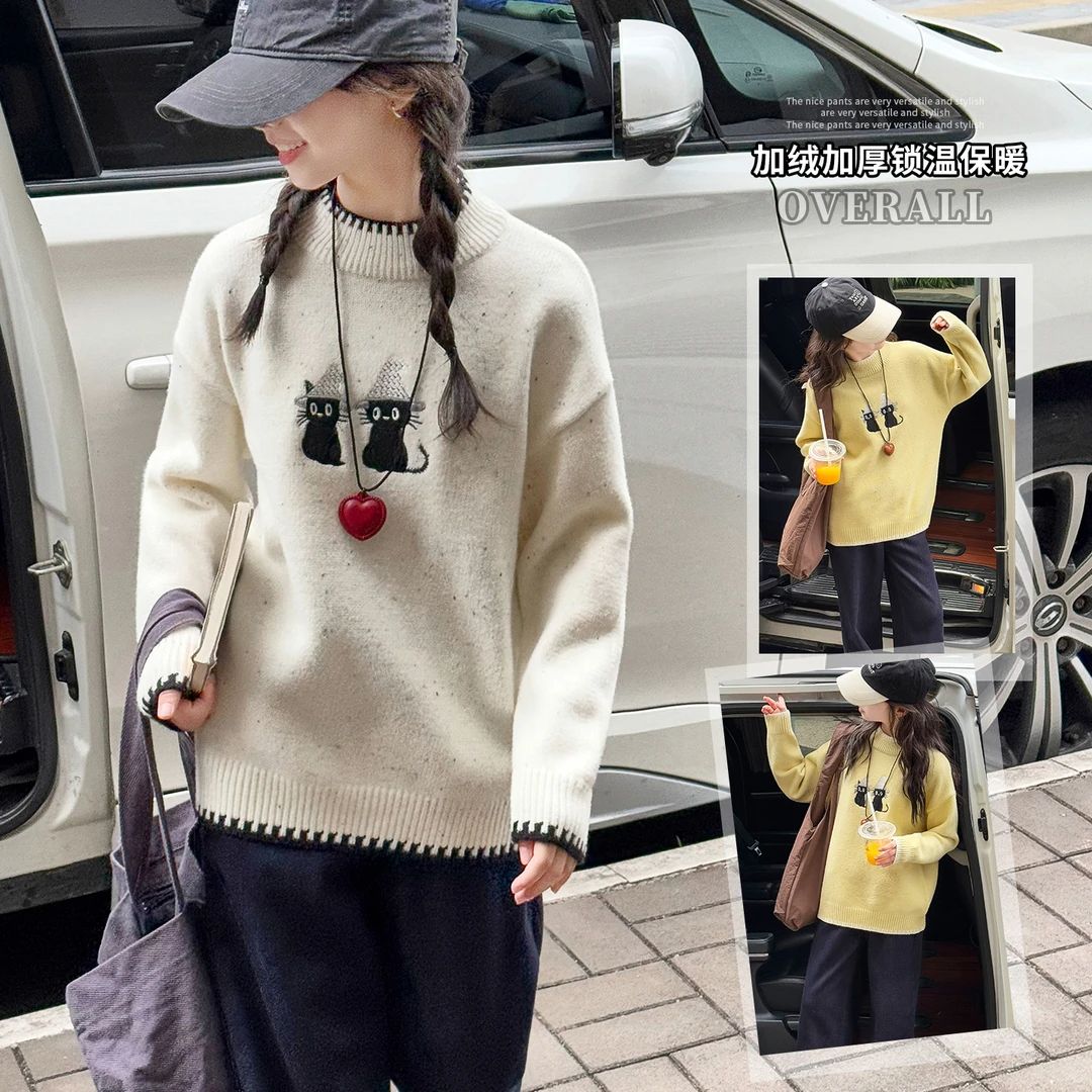 女童秋冬新款韩系甜美猫咪毛衣套装大童女孩加绒牛仔裤两件套9-15