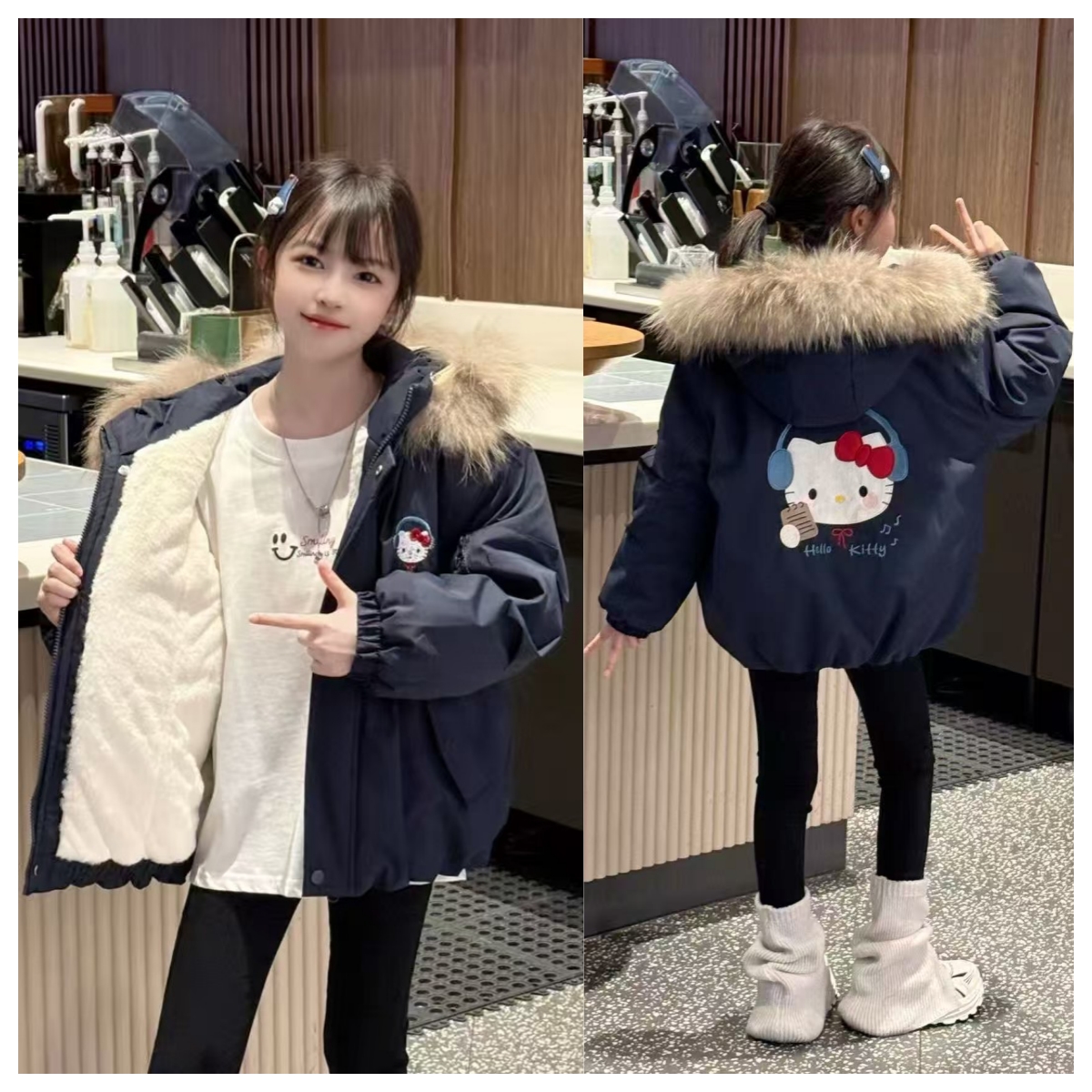 女童连帽加绒洋气卡通风童装女童装6-12岁潮款高级女童冬装外套