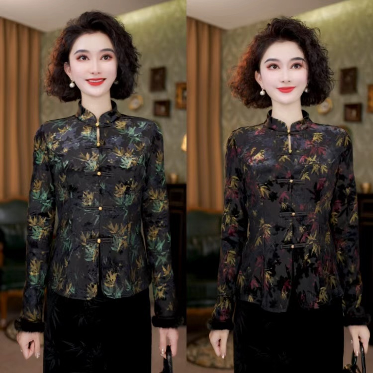 楠长袖中国风复古常规提花厚款斜襟印染气质中式上衣LY-G8839