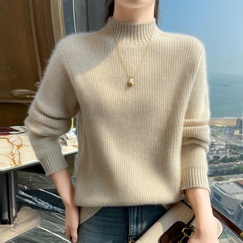 专柜正品高端100%山羊绒宽松秋冬新款百搭纯色半高领针织毛衣打底